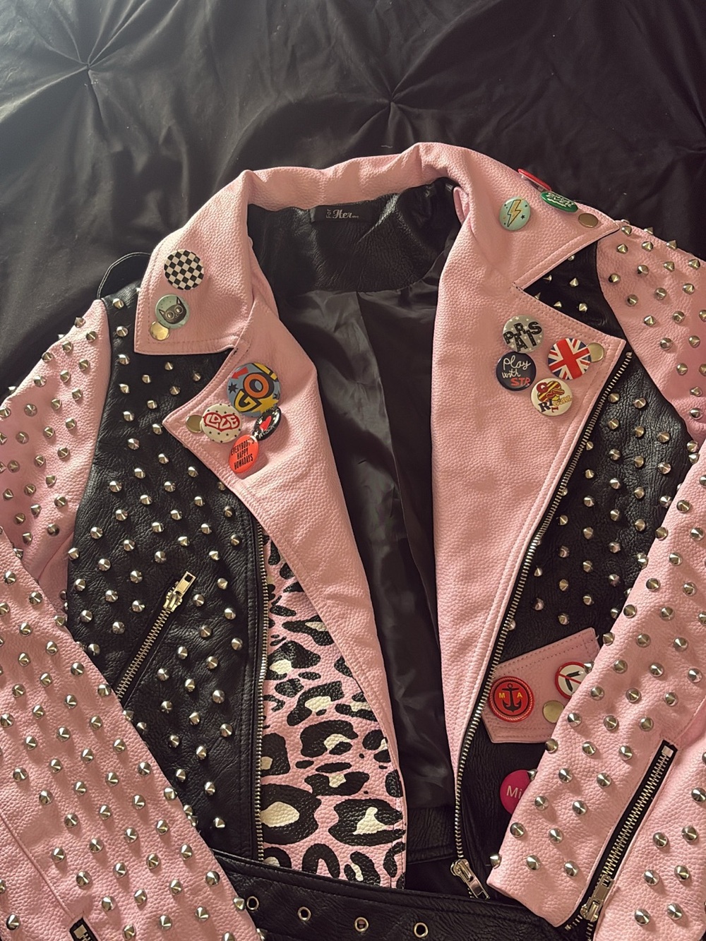 Studded Pink and Black Faux Leather Biker Jacket